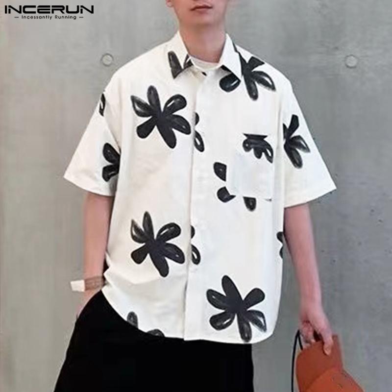 

INCERUN Men s Lapel Button Up Short Sleeve Printed Summer Shirts 5XL білий