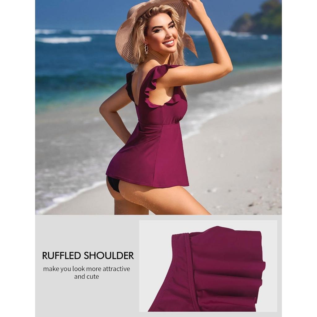 CHARMLEAKS Women Tankini Top Ruffled Shoulder Bathing Suit Top V Neck Swimsuit Top Flowy Bikini Tank Top