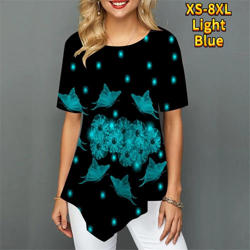 Mode Kurzarm Unregelmäßiger Saum Sommer Harajuku Digitaldruck Frauen T-Shirt Element O-Ausschnitt Straße Bequeme Damen Casual