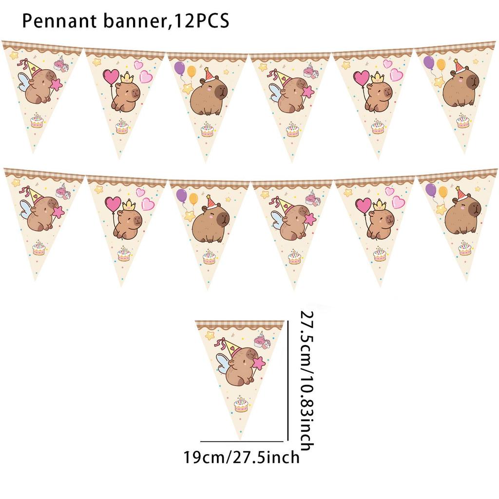 Capybara Theme Birthday Party Supplies: Plates, Cups, Napkins, Tablecloth with Cartoon Capybara Design.
