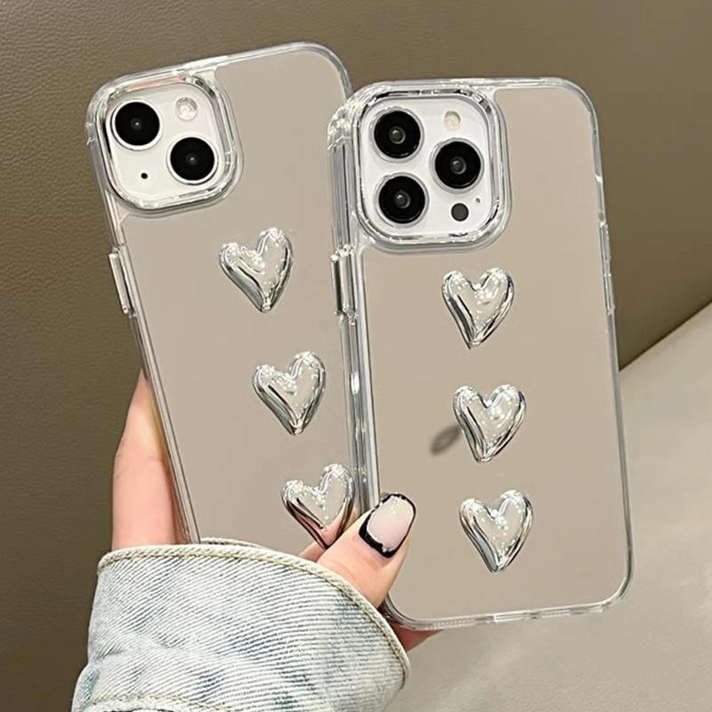 Luxury Make Up Mirror 3D Love Heart Acrylic Case For iPhone 15 14 13 12 11 Pro Max Shockproof Bumper Protection Hard PC Cover