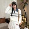 Japan and South Korea holiday two pieces of autumn and winter new denim neck knitted sweater women's loose striped thin bottoming shirt top
