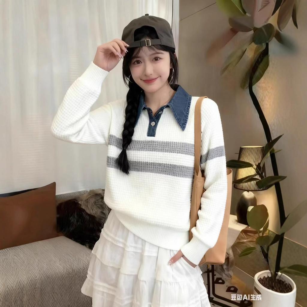 Japan and South Korea holiday two pieces of autumn and winter new denim neck knitted sweater women's loose striped thin bottoming shirt top