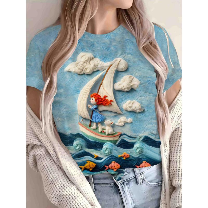 Fashionable Women s Round-neck Short-sleeve 3D Portrait Color Print Portrait Short-sleeve Round-neck T-shirt XS