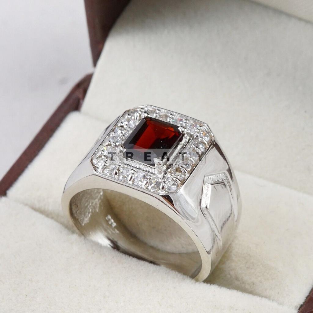 Garnet Emerald Cut Gemstone With 925 Sterling Silver Ring For Men's #B753 JL375692863815