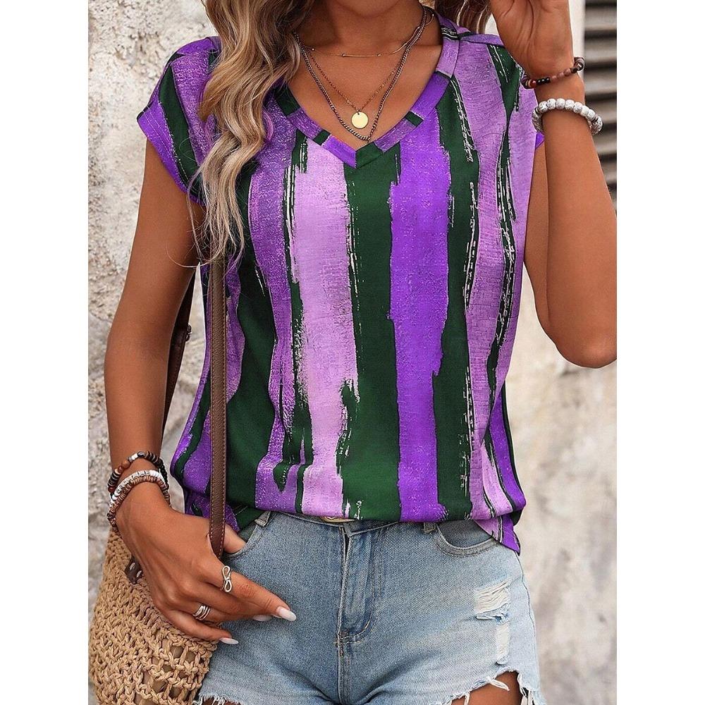 Maiou pentru femei Bluză cu imprimeu floral, stil casual, mânecă scurtă, decolteu în V, model obișnuit, bluze, zi de zi, imprimeu, albastru-verzui, vară