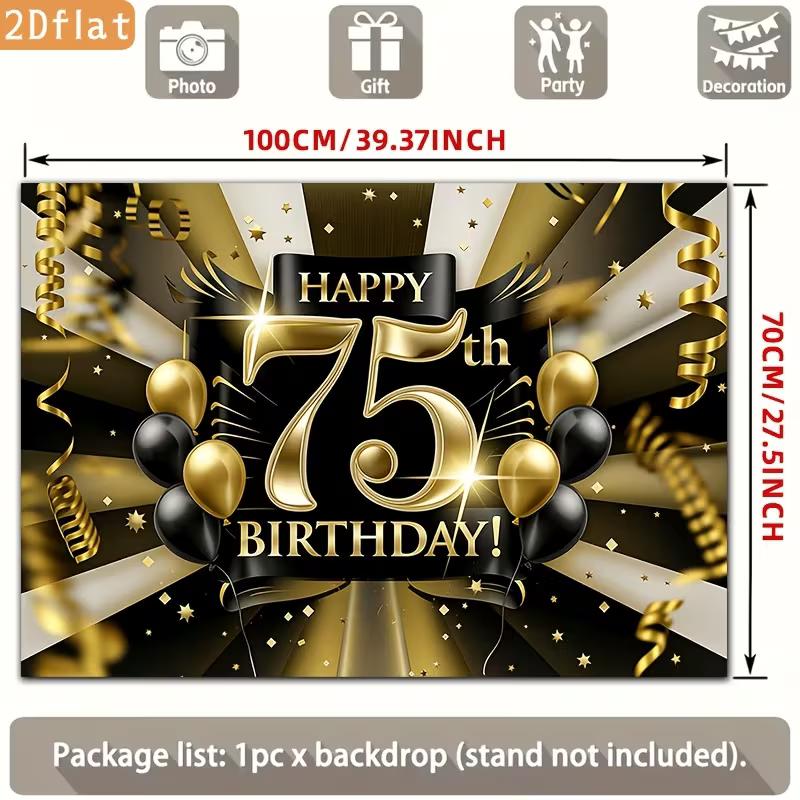 Sfondo 2D per 75° Compleanno Palloncini Oro Nero & Festoni Sfondo Photo Booth Festa