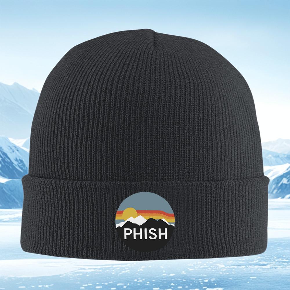 Mountains sunset sky PHISH words black background Men Women Unisex Knitted Hat Beanie Pullover Cap Winter Thermal Warm Christmas