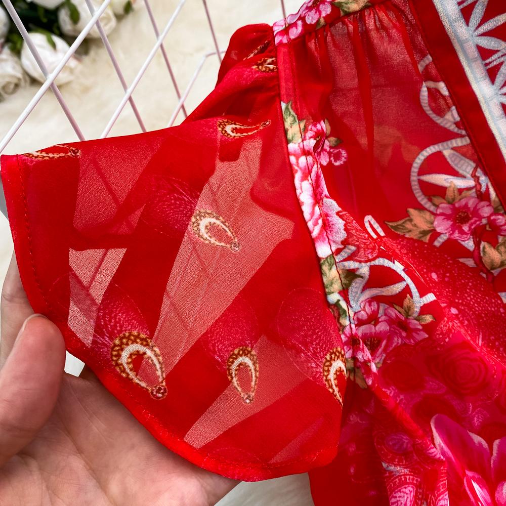 Fashion Runway Print Summer Dresses For Women Deep V Neck Flying Sleeve Single Breasted Split Long Pleated Chiffon Dresses