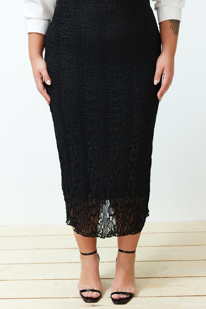 Women's Fashion New Plus Big Size Skirt Black Lace Midi Knitted Skirt