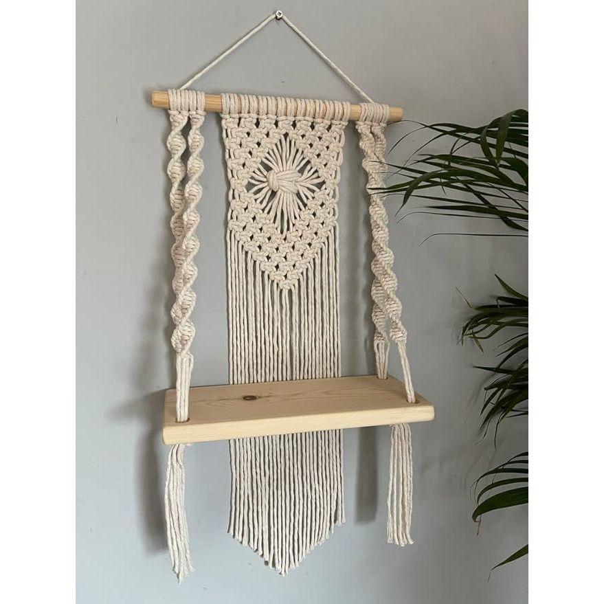 Muizz Macrame Wall Hanging Shelf, Wood & Cotton Rope, Ivory, Handcrafted Home Decor