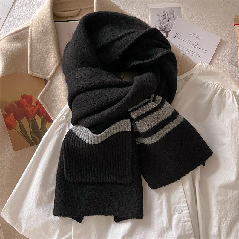 

Карманный шарф Клетчатый и полосатый из смесовой шерсти для женщин на осень и зиму Универсальный для студентов и пар Теплый шарф двойного назначения Модный 180*30cm