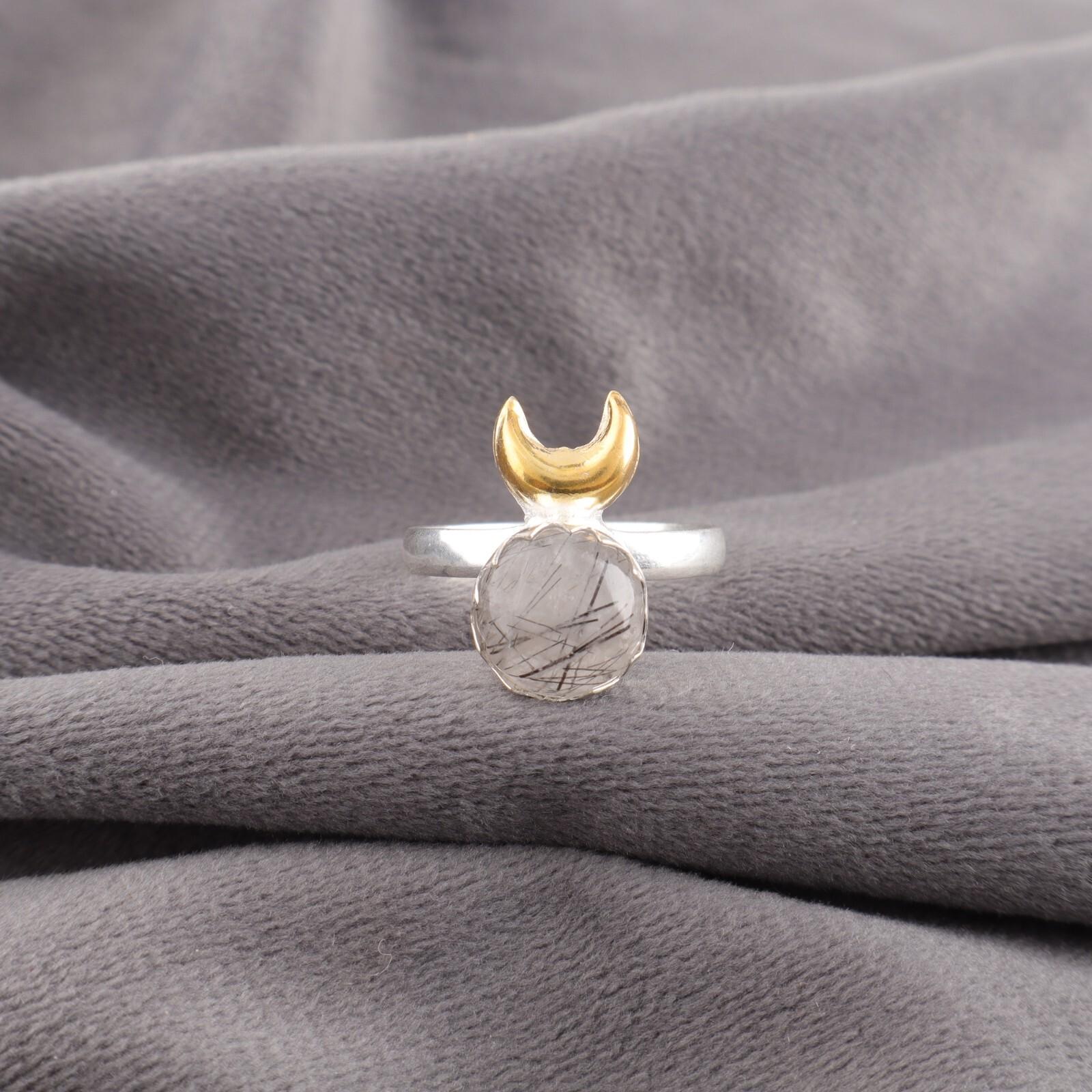 

Кольцо из стерлингового серебра 925 пробы с черным рутиловым драгоценным камнем, ювелирное изделие ручной работы, подарок на годовщину RR-58-24 13