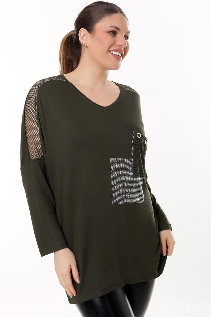 Damen-Bluse in großen Größen, V-Ausschnitt, Tasche und Ärmel, Mesh-Detail, Steinstickerei, lange Ärmel, bequeme und fließende, flexible Bluse