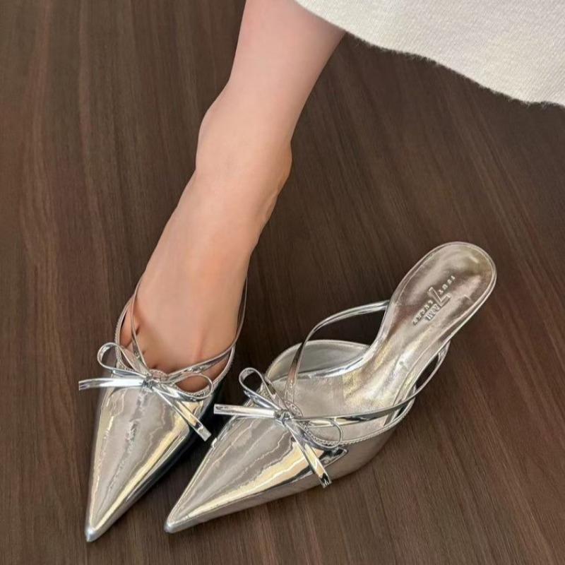 Women's Thin-heeled Baotou Slippers Summer New Sharp Head Shallow Mouth Metal Buckle Anti-slip Wear-resistant High Heels