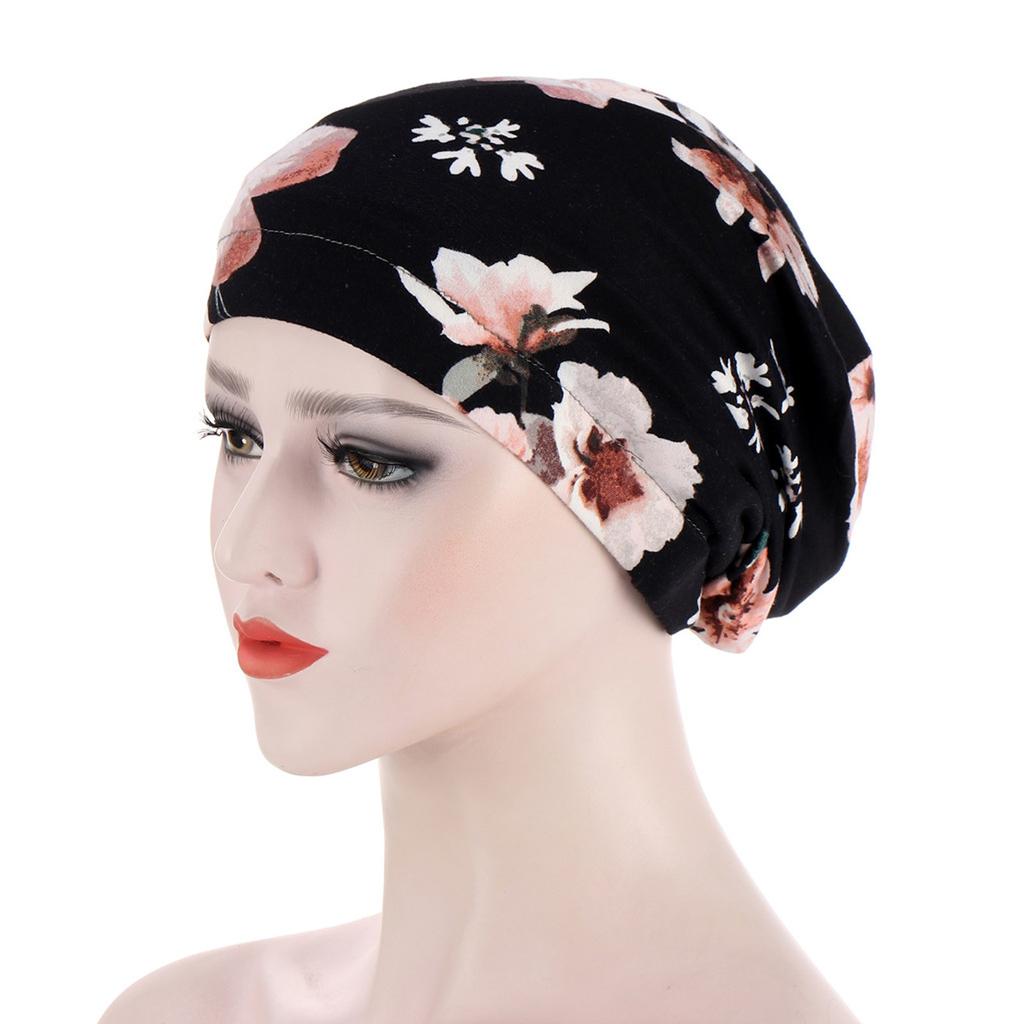 Soft Stretch Cotton Muslim Underscarf Cap Floral Pattern Lightweight Breathable Head Covering for Women Slouchy Beanie Chemo Hat