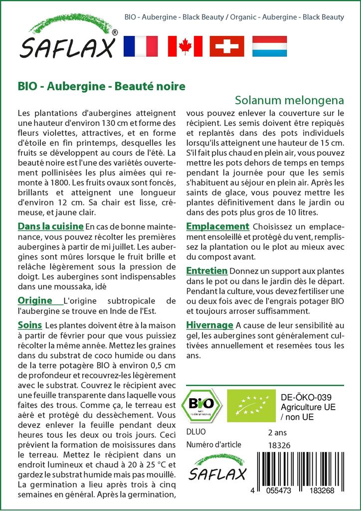 SAFLAX Garden In the Bag - Organic - Aubergine - Black Beauty - 25 Seeds - With Substrate In a Fitting Stand Up Bag - Solanum Melongena