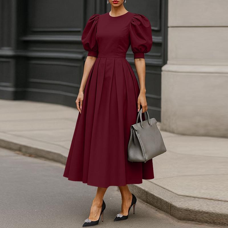 ZANZEA Damen Elegantes Puff-Kurzarm Freizeit-Langkleid