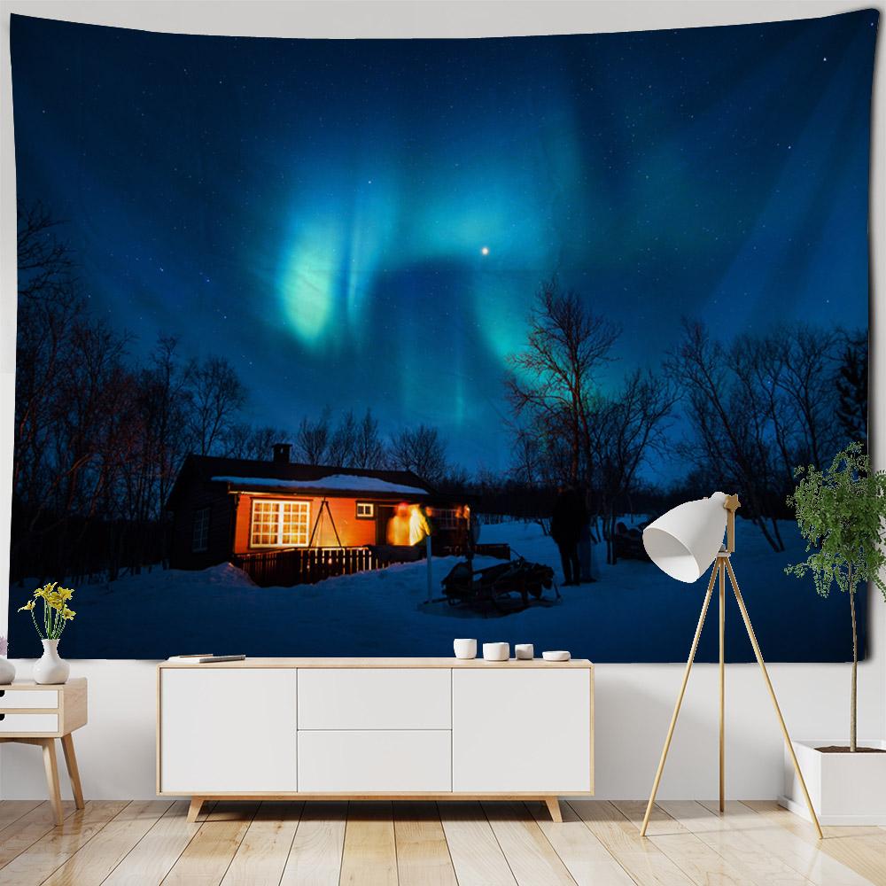 Forest Wooden House Tapestry Hanging Wall, Snow Mountain Landscape, Bohemian Tapestry, Hippie Living Room Wall Background Cloth