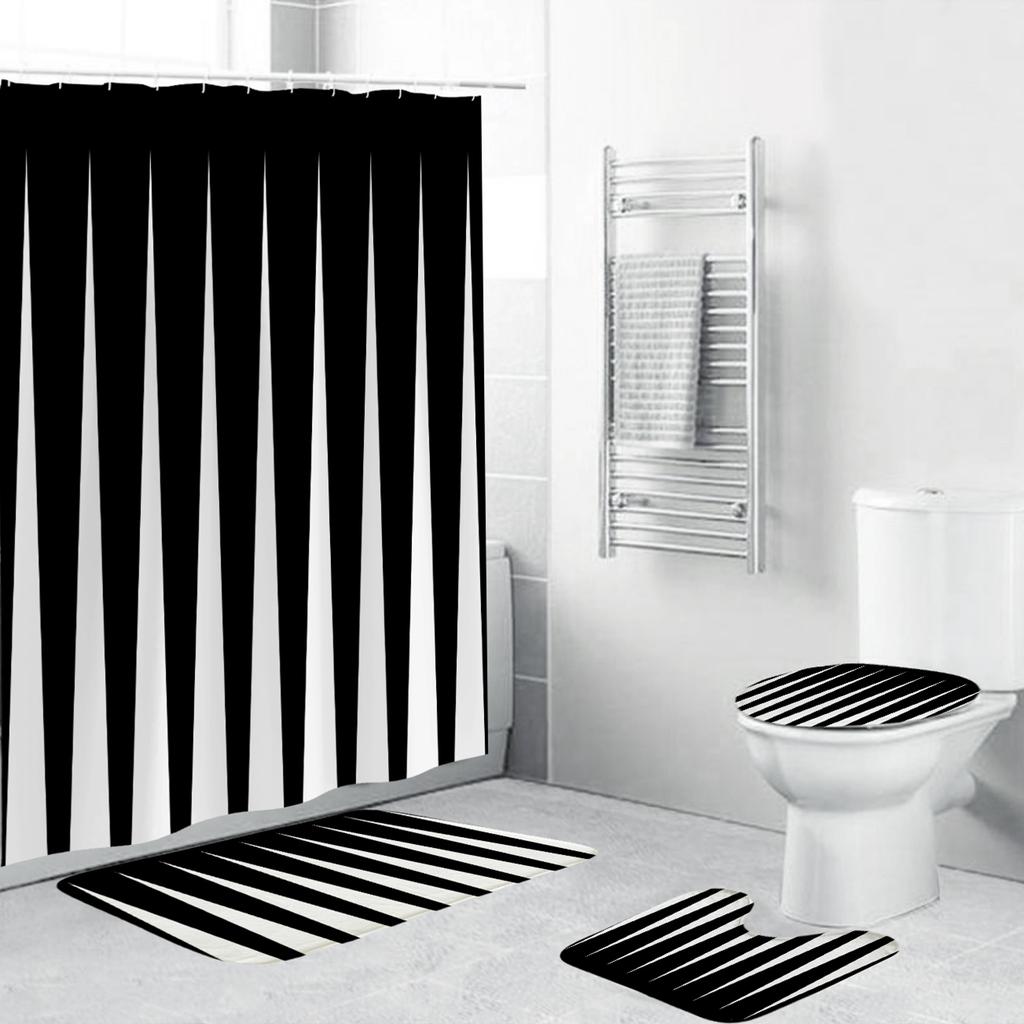 Black White Geometric Stereoscopic Fabric Shower Curtain Bathroom Curtains Set Anti-Skid Rugs Toilet Lid Cover Bath Mat Carpet