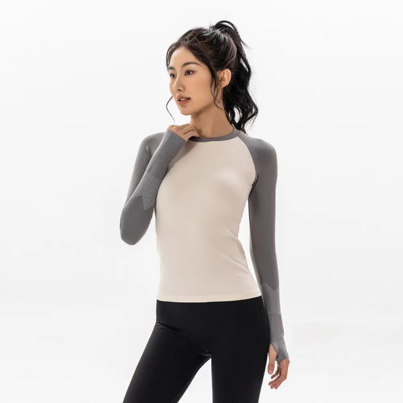 Women Raglan Color Block Seamless Geometric Jacquard Thumb Hole Long Sleeve Fitness Top Multiple Colors Available