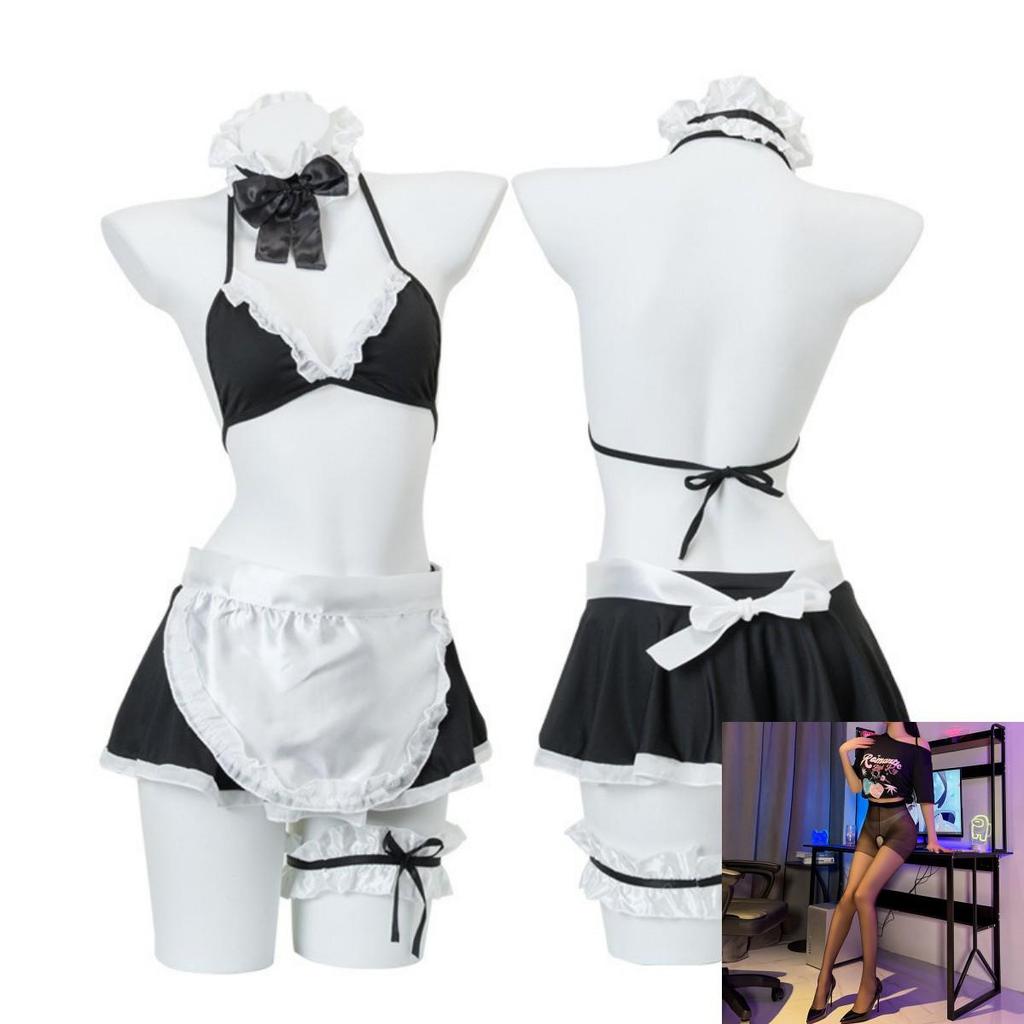 Night Listen Lingerie: Sexy See-Through Maid Role Play Set with Open Crotch, 3-Piece Women's Temptation Uniform