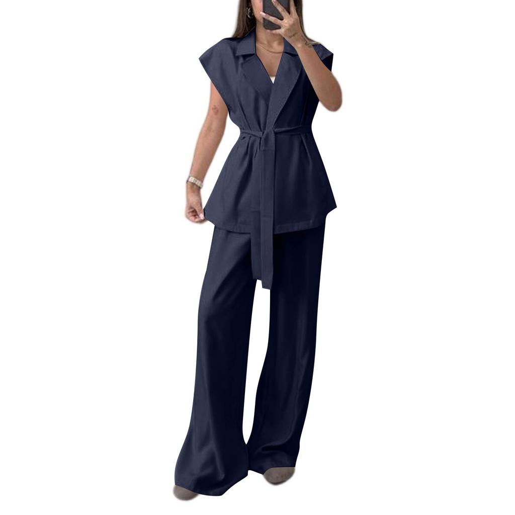 Women's 2-Piece Fashionable Casual Sleeveless Tie Front Cardigan And Pants Set