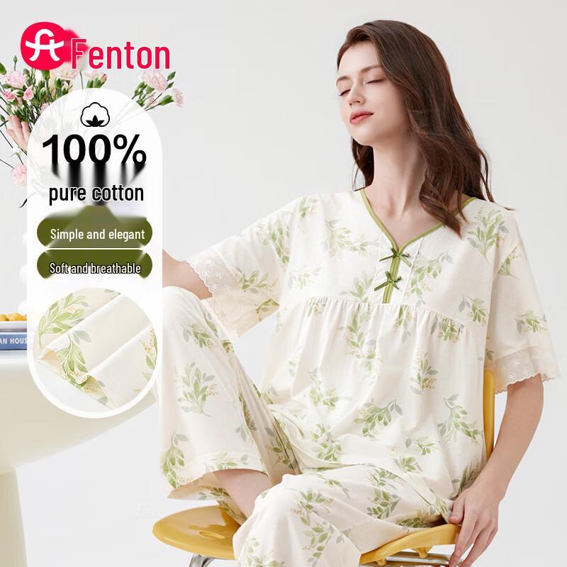 Fenteng Women s Floral V-Neck Pure Cotton Pajama Set M