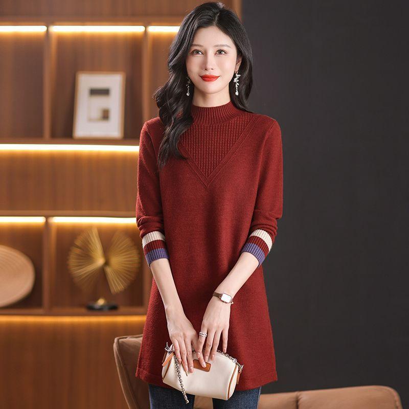 Mid-length Knitted Sweater Women's Fashion Solid Color Loose Large-sized Sweater Autumn and Winter Casual Half Turtleneck Pullover