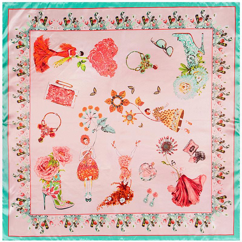 

Girl Jewelry Print 90cm Square Scarf Fashion Brand Scarves For Women Female Silk Scarf Shawl Bandana For Head Hijab Scarfs Warps