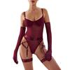 Sexy One-piece Underwear, Fun, Ultra-thin Mesh Straps, Splicing Leg Rings, Gloves, Bra Four-piece Set