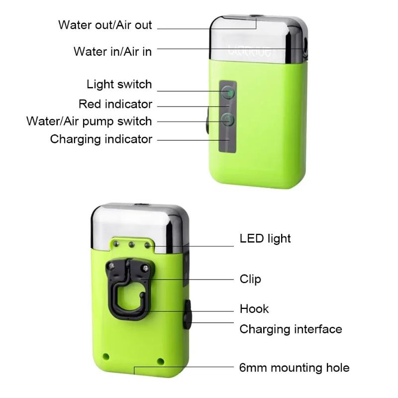Tragbare 3-in-1-Mini-Sauerstoffpumpe mit Luftstein, Schlauch, Sensor, USB-Aufladung, automatischer Wasserpumpe, LED-Beleuchtung für Outdoor-Angeln
