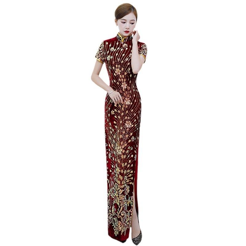 Catwalk cheongsam new long stage performance clothes golden velvet improved middle-aged and elderly cheongsam