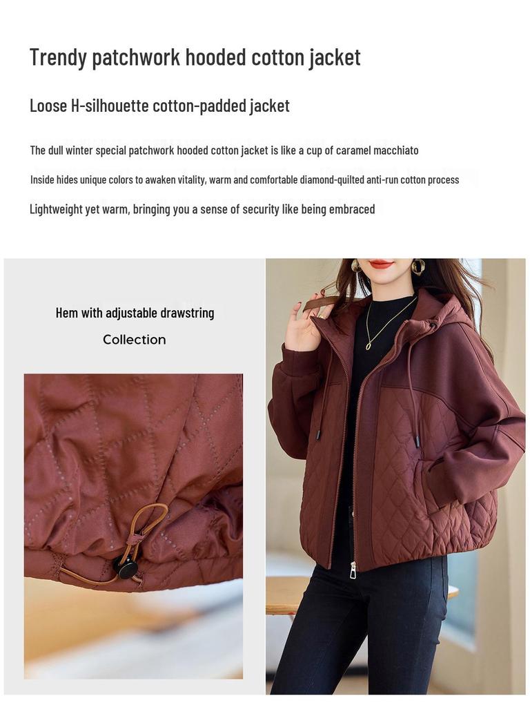 Damen 2024 Winter Casual Kapuzen-Patchwork Baumwolljacke - Locker, Übergröße, Dick & Warm Baumwollgepolsterter Mantel