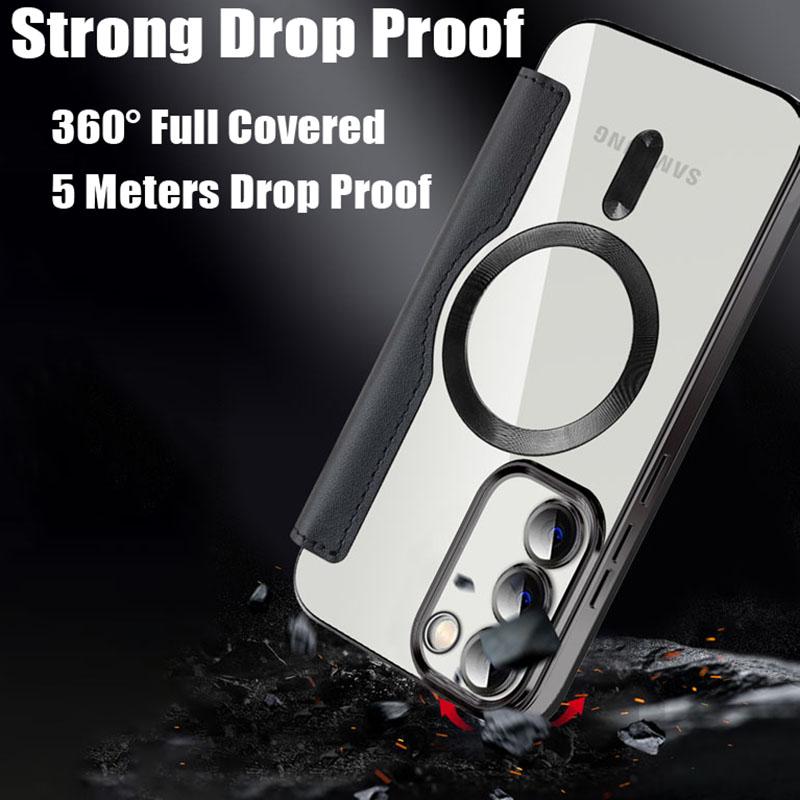 Leather Flip Cover Electroplat Silicone TPU Case For Samsung Galaxy S23 Ultra Plus Magnetic Wireless Charging Lens Glass Film