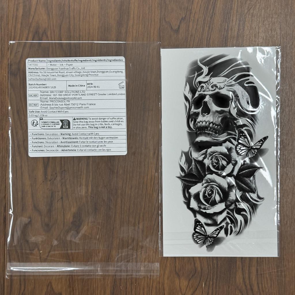 1 Blatt Temporäre Skelett-Tattoos für Damen Herren Fake Death Totenkopf Blume Tattoo Aufkleber Körperkunst Zeichnung Arm Unterarm Taille Rücken