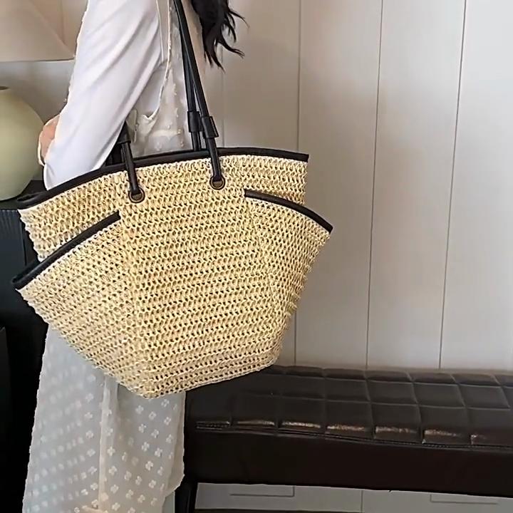 Multi Pockets Summer Beach Straw Shoulder Bag For Women Mesh Durable Travel Handbag Large Capacity Hollow Out Bucket Tote Bag
