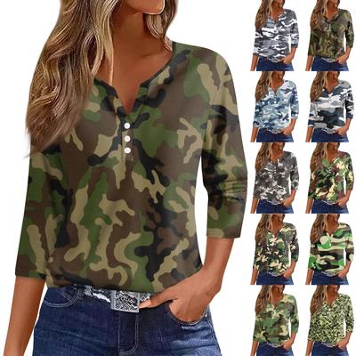 Mujer Camiseta Camiseta Estampado Botón Manga 3/4 Diario Fin de semana Moda Básico Escote en V Regular Top