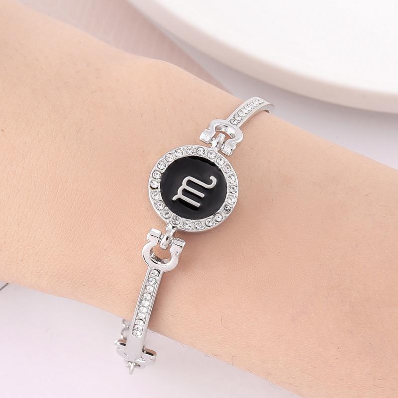 12 Zodiac Signs Bracelet for Women, Rose Gold Plated Inlaid Diamond Constellation Bangle, Fashion Couple Jewelry Gift
