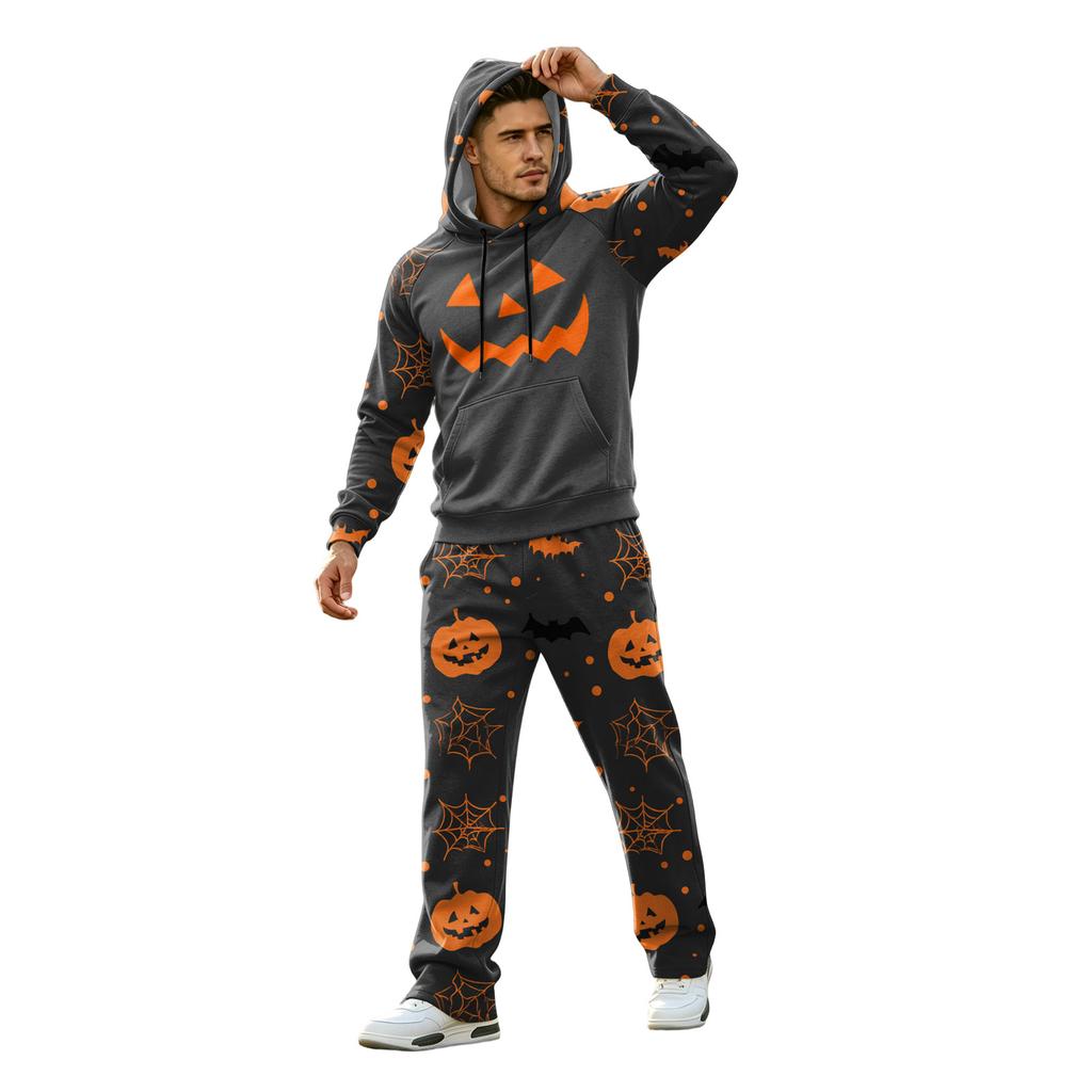 Men's Halloween Printed Hoodie and Sweatpants 2-Piece Set Long Sleeve Casual Outfit