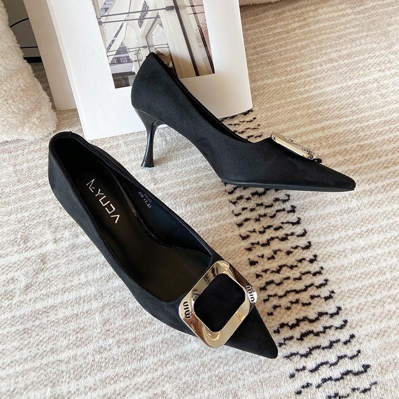 Thin Heel Single Shoes Women's Spring New Sexy Leopard Print Suede Ladyshoes Metal Square Buckle Shallow Mouth Pointed High Heels