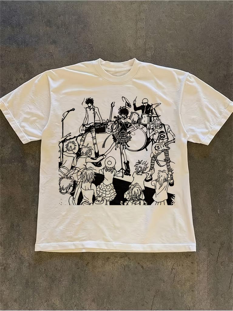 Unisexs Band Pattern Printed Tshirt Spring And Summer Short Sleeves Featuring Retro Anime Rock Music Design