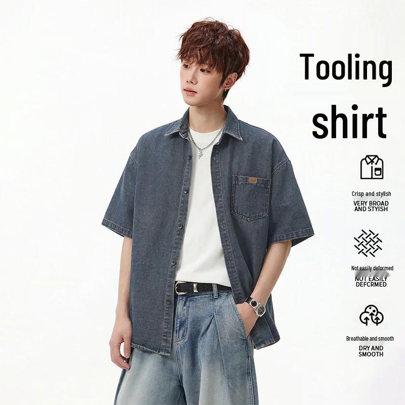 Мужская японская стираная джинсовая рабочая рубашка с коротким рукавом VUUG M