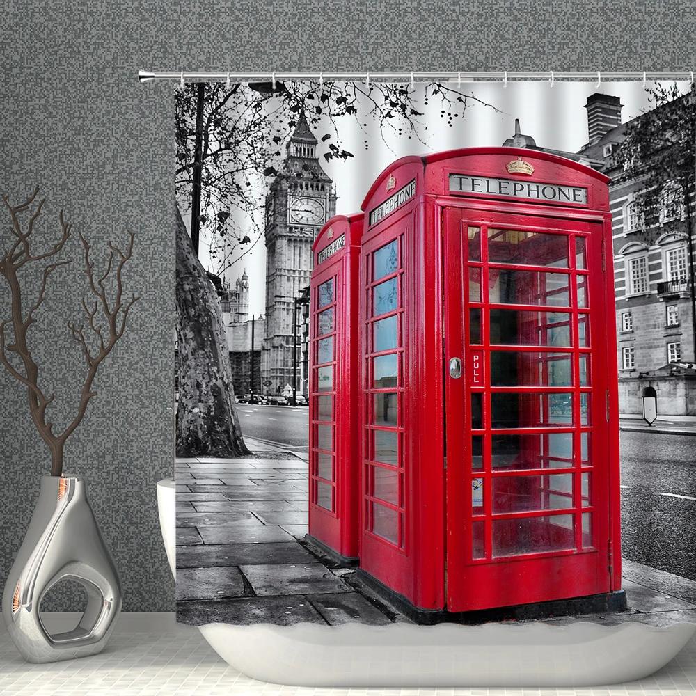 London Big Ben Rote Telefonzelle Retro Badezimmer Duschvorhang Wasserdicht Polyesterstoff Heimdekoration Kunst Badezimmer Vorhänge