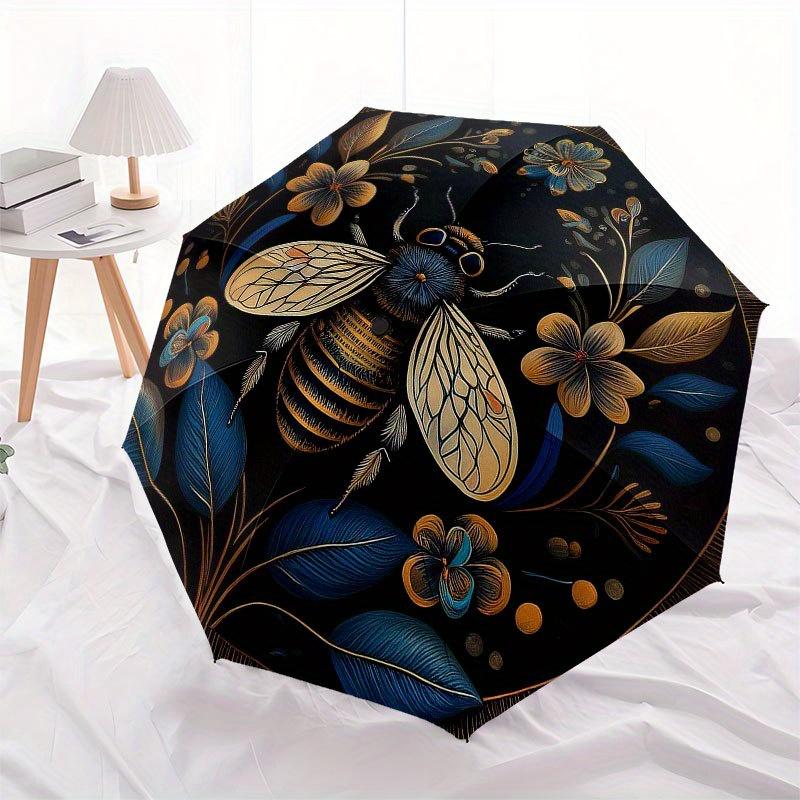 Golden Bee & Floral Circular Wall Art DecorUmbrella with Cute Design, Portable 3-Fold Compact Umbrella for Men & Women, Valentine's Day Mother's Day H