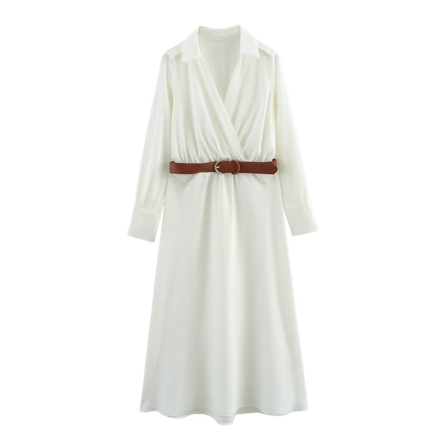 

2025 Spring/Summer Women s Slim Belted Long-Sleeve V-Neck Dress S