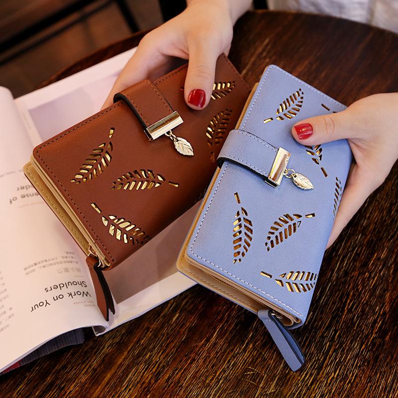2023 Women's PU Leather Zipper Wallet with Leaf Cutout Design