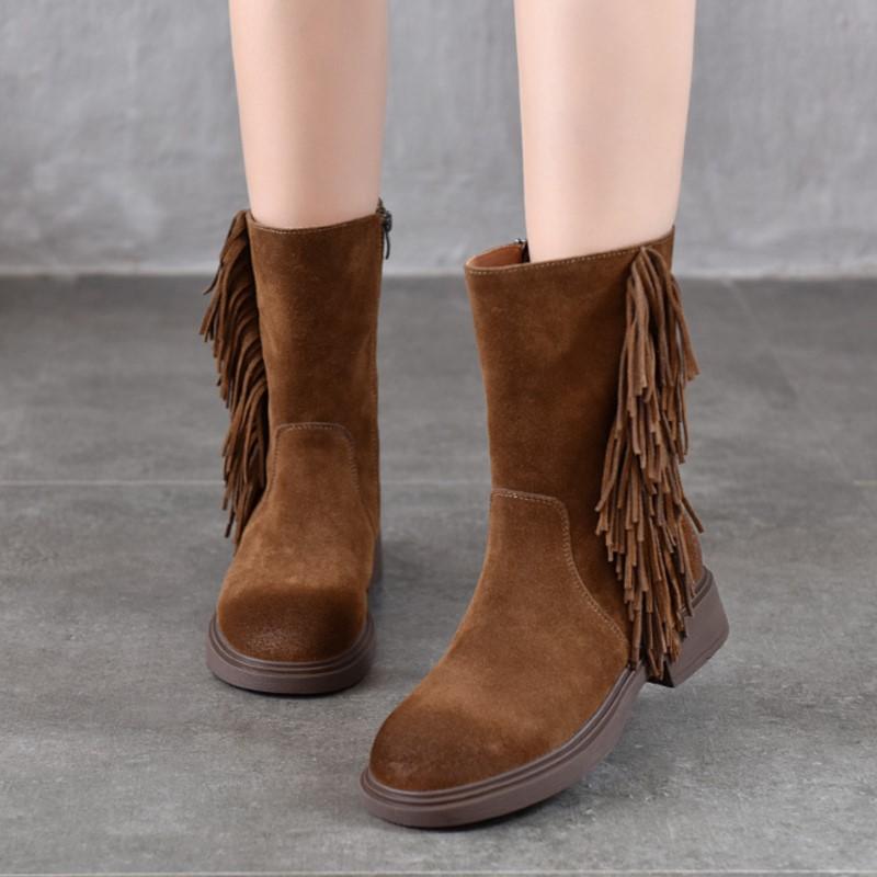 Johnature Retro Tassel Mid Heeled Women's Boots Genuine Leather Round Toe Versatile Mid-calf Boots
