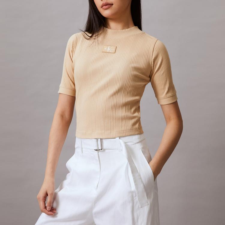 Calvin Klein Classic Embroidered Logo Slim Fit Knit Short Sleeve T-Shirt Women Tops Ivory-Yellow J220291