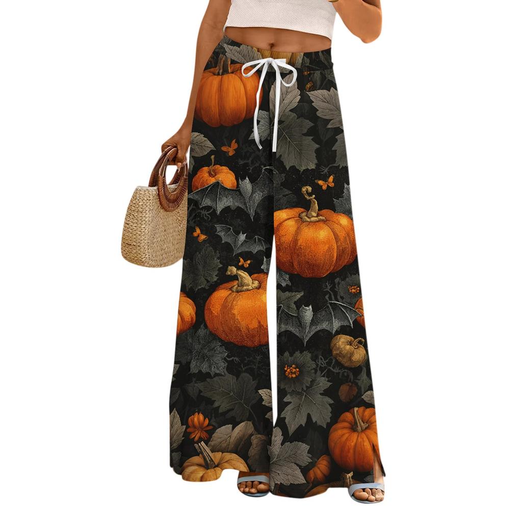 Ladies' Loose And Casual Halloween Printed Wide Leg Pants With Elastic Waistband Drawstring And Pocket Pants